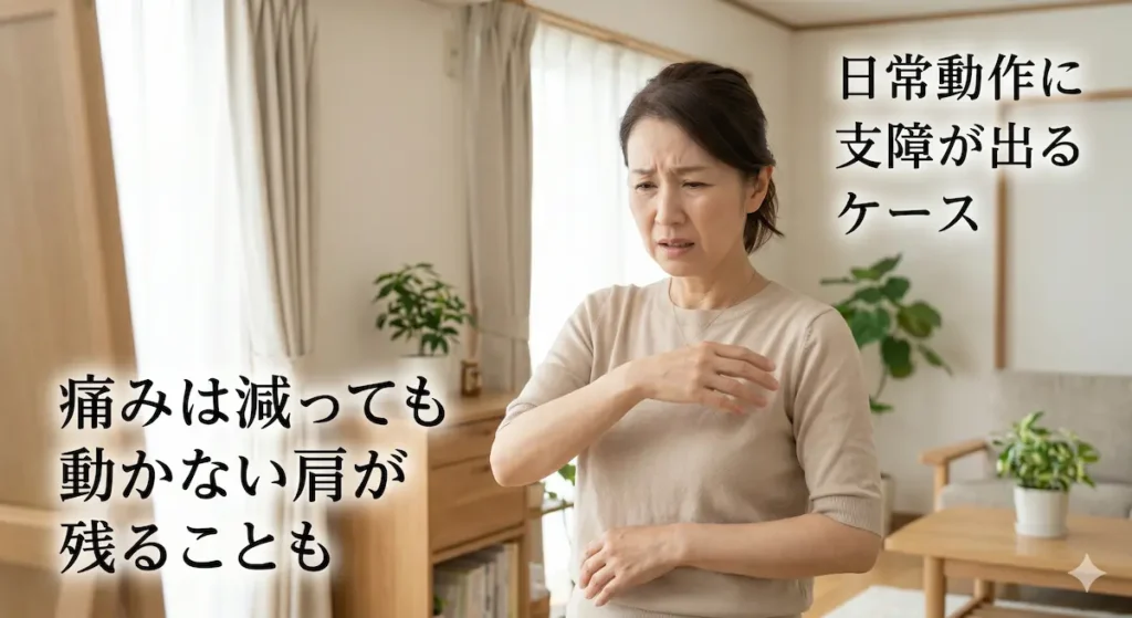 五十肩で腕が上がらず日常生活に支障が出ている様子