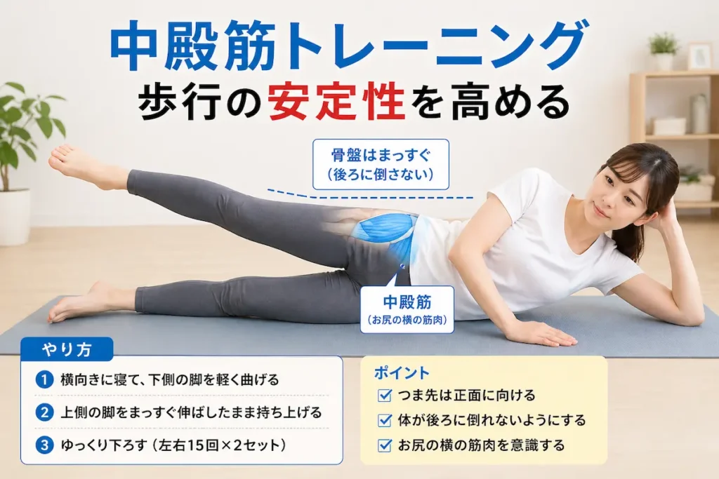 中殿筋トレーニングで歩行時の股関節痛を改善