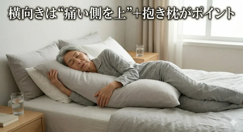 五十肩の夜間痛対策として横向きで抱き枕を使う寝方（痛い側を上）