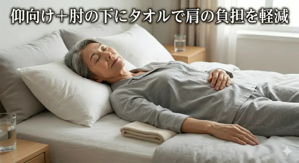 五十肩の夜間痛を軽減する仰向けで肘の下にタオルを入れる寝方