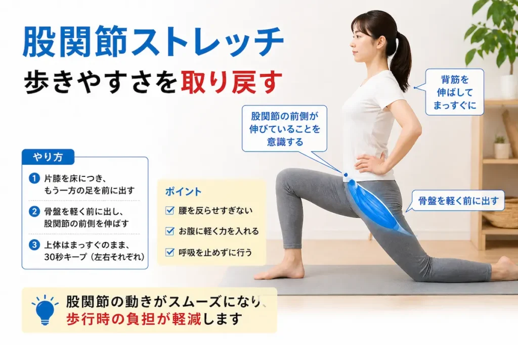 股関節前面ストレッチで歩行時の痛みを改善