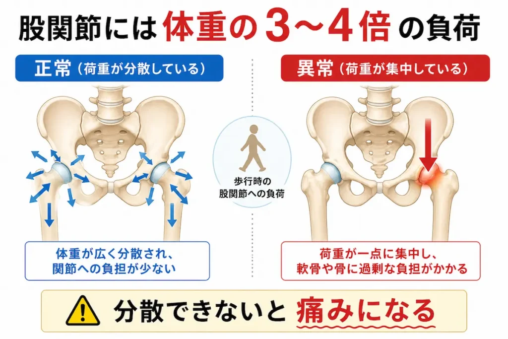 股関節にかかる荷重と痛みの関係を示した図