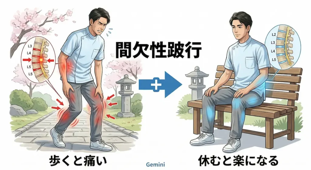 間欠性跛行の特徴である歩行時の痛みと休息での改善を示す図