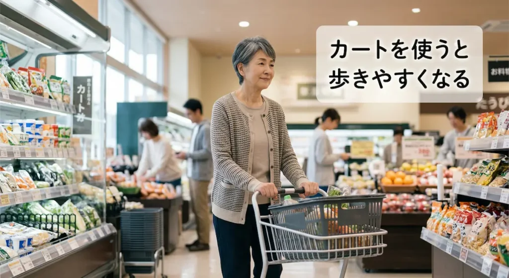 ショッピングカートを使うことで楽に歩ける間欠性跛行の60代女性
