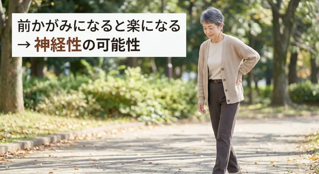 前かがみになると楽になる神経性間欠性跛行の特徴を示す60代女性の歩行