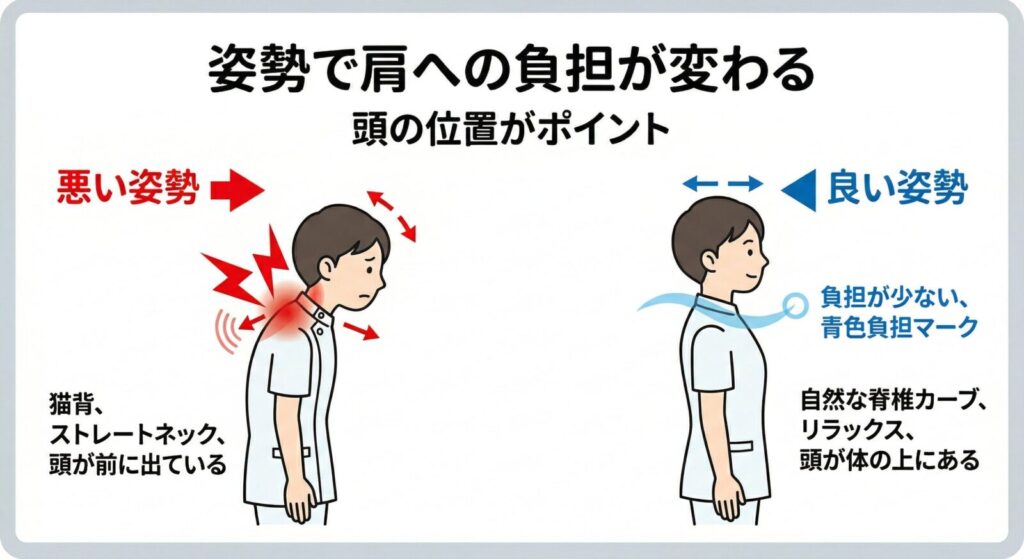 肩こりと姿勢の関係｜猫背と正しい姿勢での首と肩の負担の違い