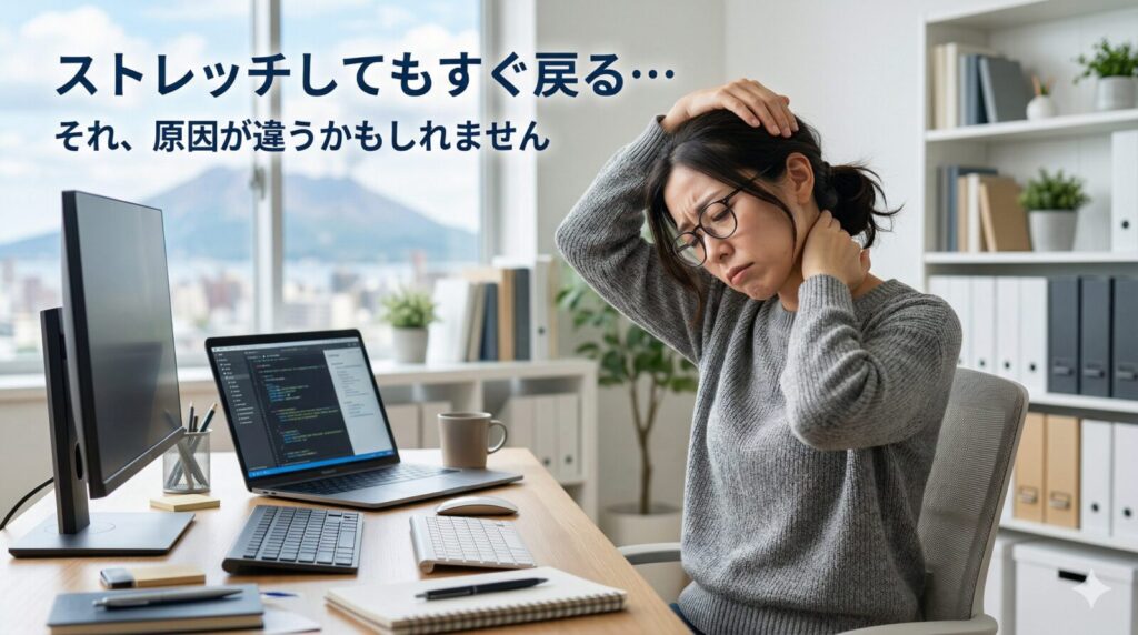 ストレッチしてもすぐ戻る肩こりに悩む女性|鹿児島市の整体