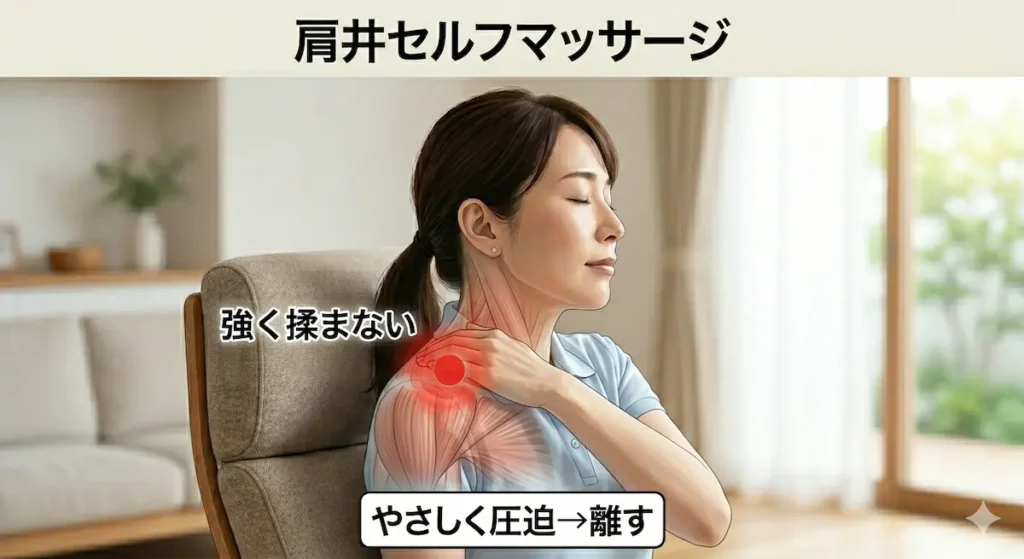 肩井と僧帽筋をやさしくほぐす首こりセルフマッサージ