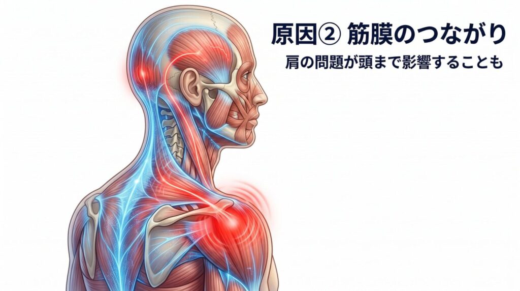 筋膜連鎖が肩こりから頭痛へつながるイメージ