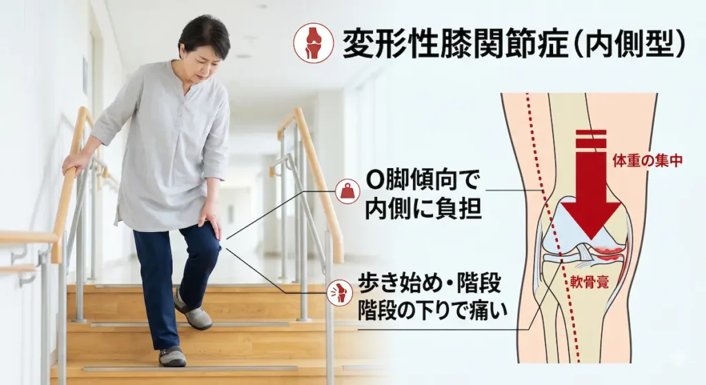 変形性膝関節症の内側型とO脚による膝内側への負担