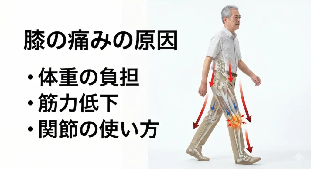 膝関節への負担と筋力低下を示した解説イラスト