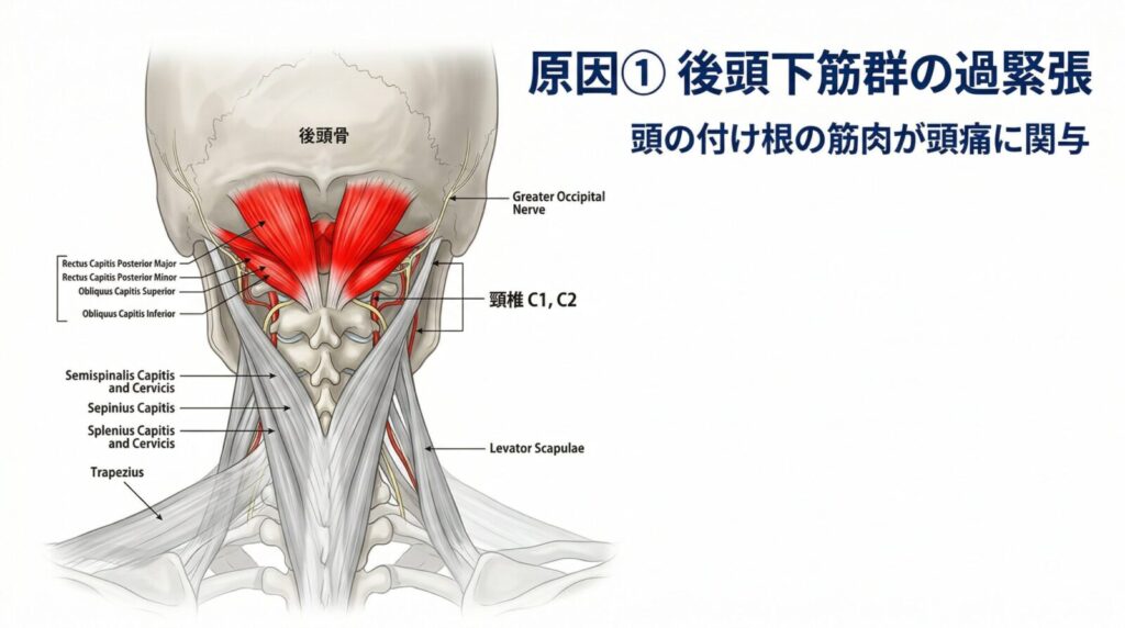 後頭下筋群の過緊張が頭痛を引き起こすイメージ
