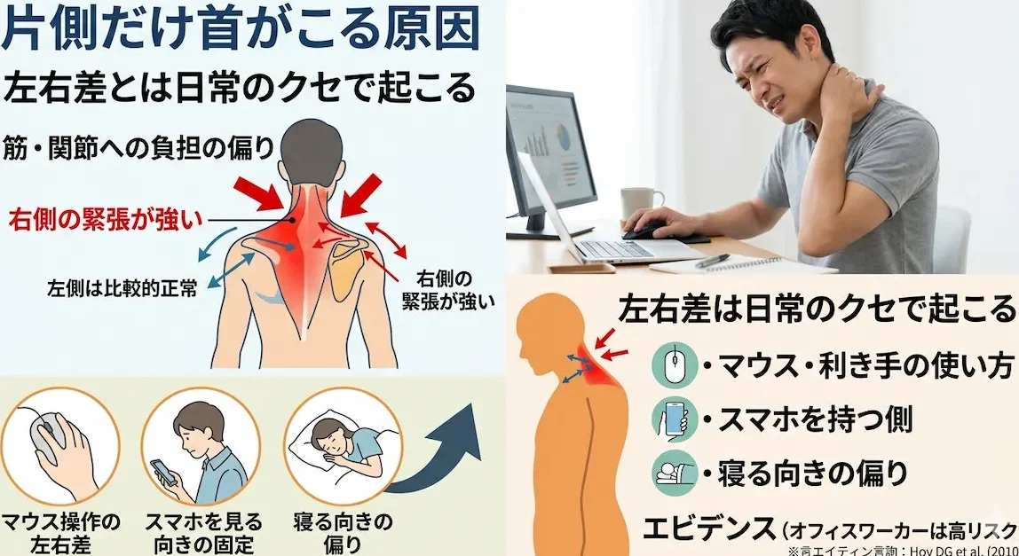 片側だけ首がこる原因と左右差のイメージ図