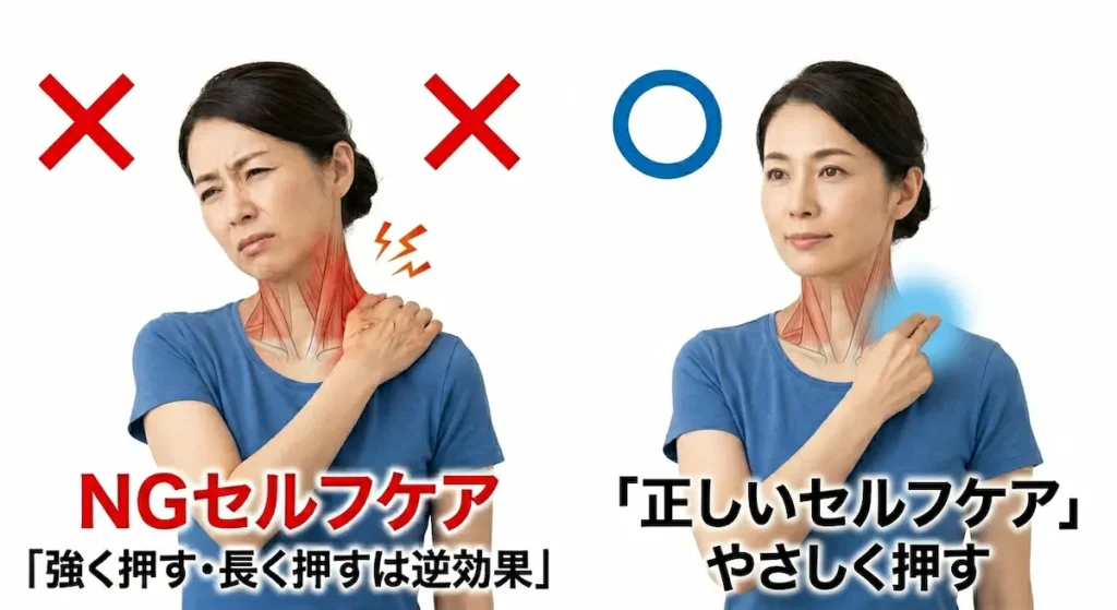 首こりセルフケアでやってはいけないNG例（強く揉む・首をひねる）