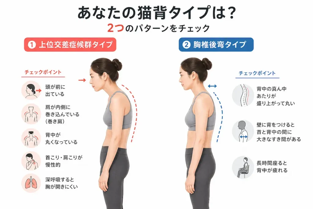猫背のタイプ別セルフチェック（上位交差症候群と胸椎後弯）