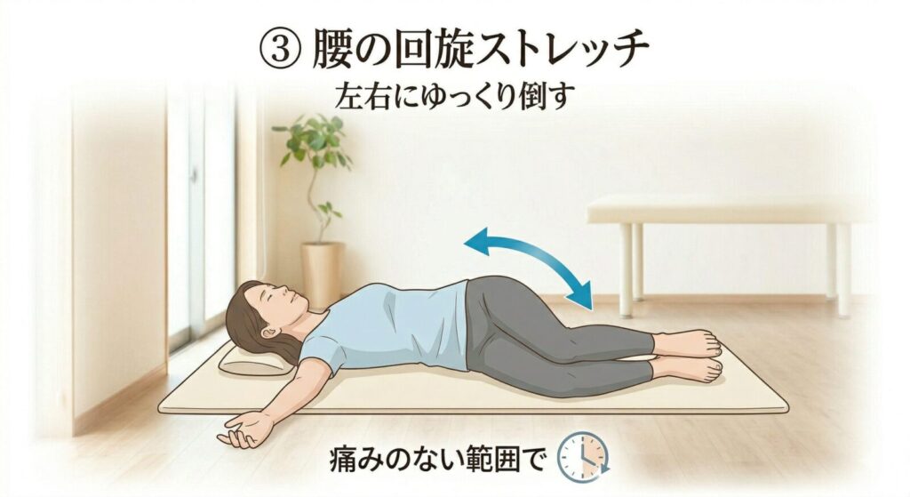 坐骨神経痛のセルフケア｜腰の回旋ストレッチのやり方｜仰向けで膝を左右に倒す方法