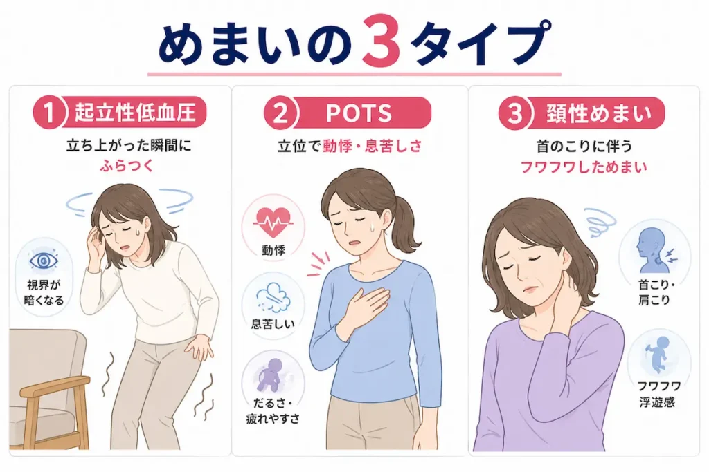 立ちくらみとめまいの3つのタイプ（起立性低血圧・POTS・頚性めまい）