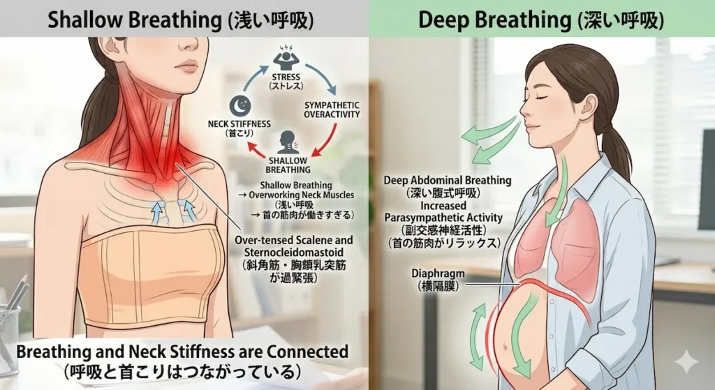 浅い呼吸と首こりの関係を示した姿勢図