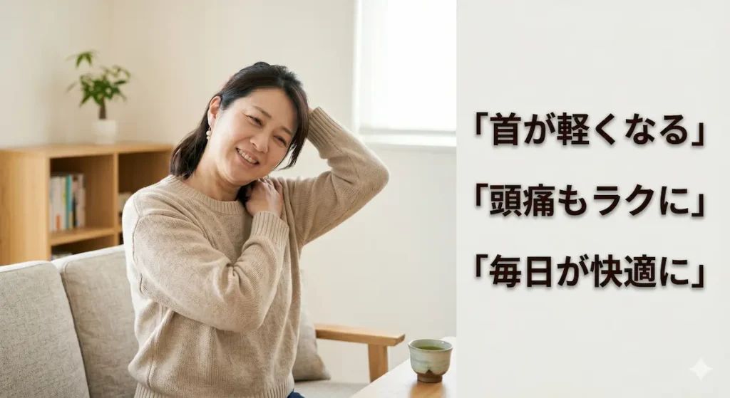 首こりが改善して軽くストレッチをする笑顔の40代女性