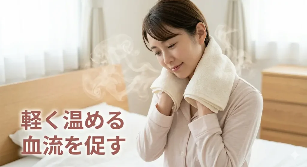 寝違えの対処として首を温めている様子