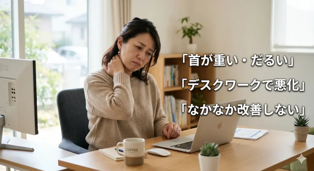 デスクワークによる首こりで首の付け根を押さえている40代女性の様子