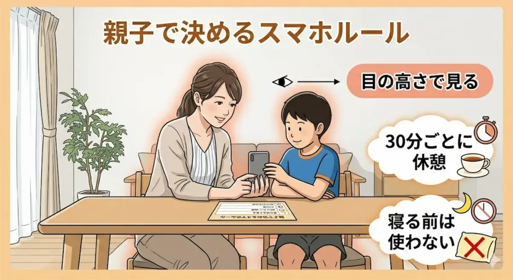 親子でスマホの使い方と姿勢ルールを確認している様子