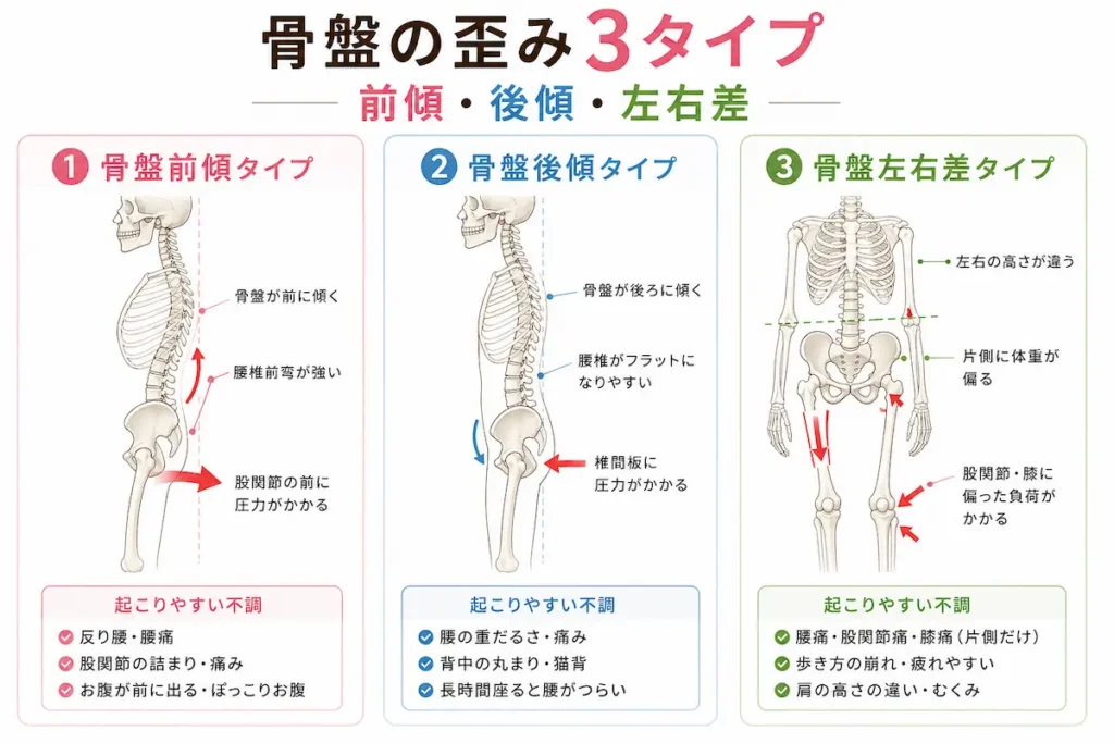 骨盤アライメントの3タイプ（前傾・後傾・左右差）と体への負担を示した図解