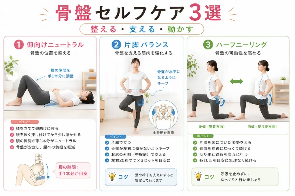 骨盤の歪みを整えるセルフケア3選（ニュートラル調整・片脚バランス・骨盤エクササイズ）
