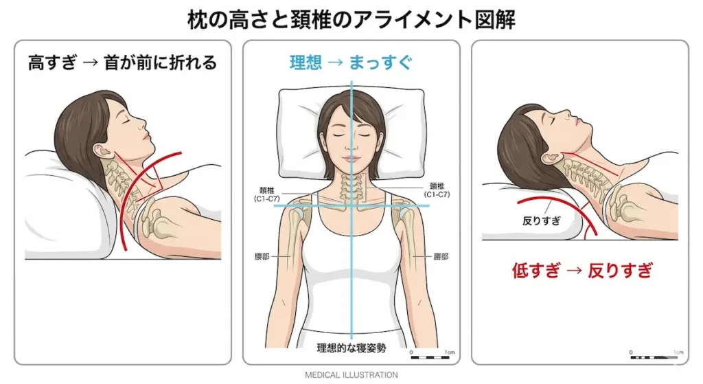 枕の高さと頚椎アライメントの関係 高すぎ低すぎの比較図