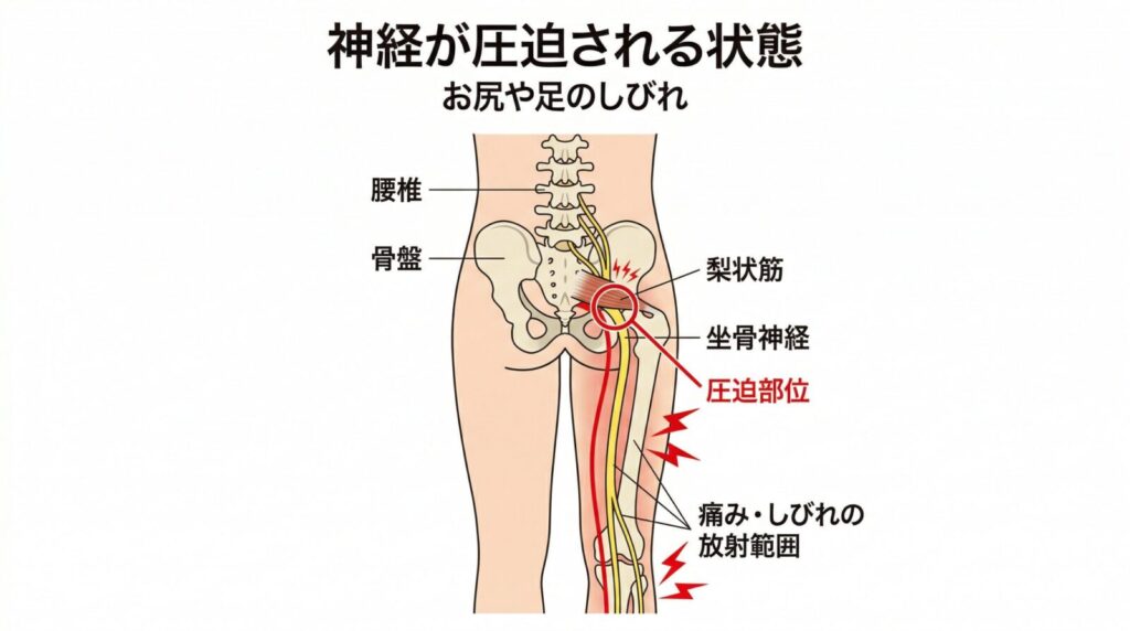 梨状筋による坐骨神経の圧迫(梨状筋症候群)のイメージ図