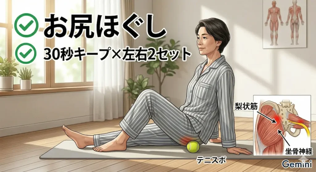 テニスボールを使った梨状筋のセルフマッサージ方法