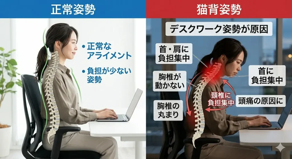 猫背姿勢によって首に負担がかかり頭痛を引き起こす様子