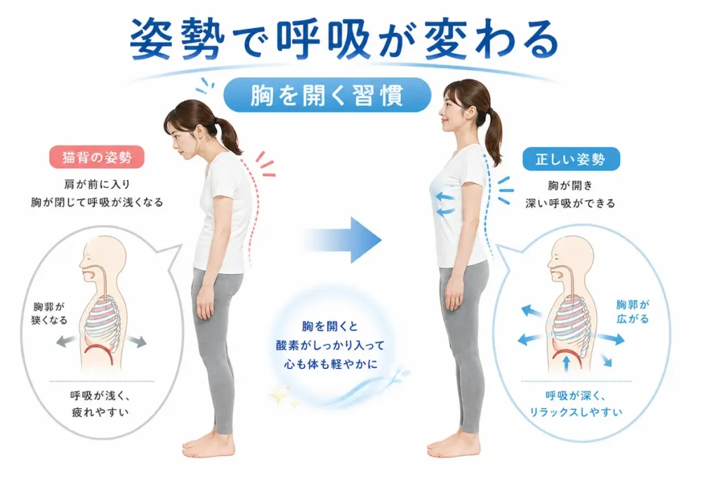 姿勢改善で呼吸が深くなる比較図