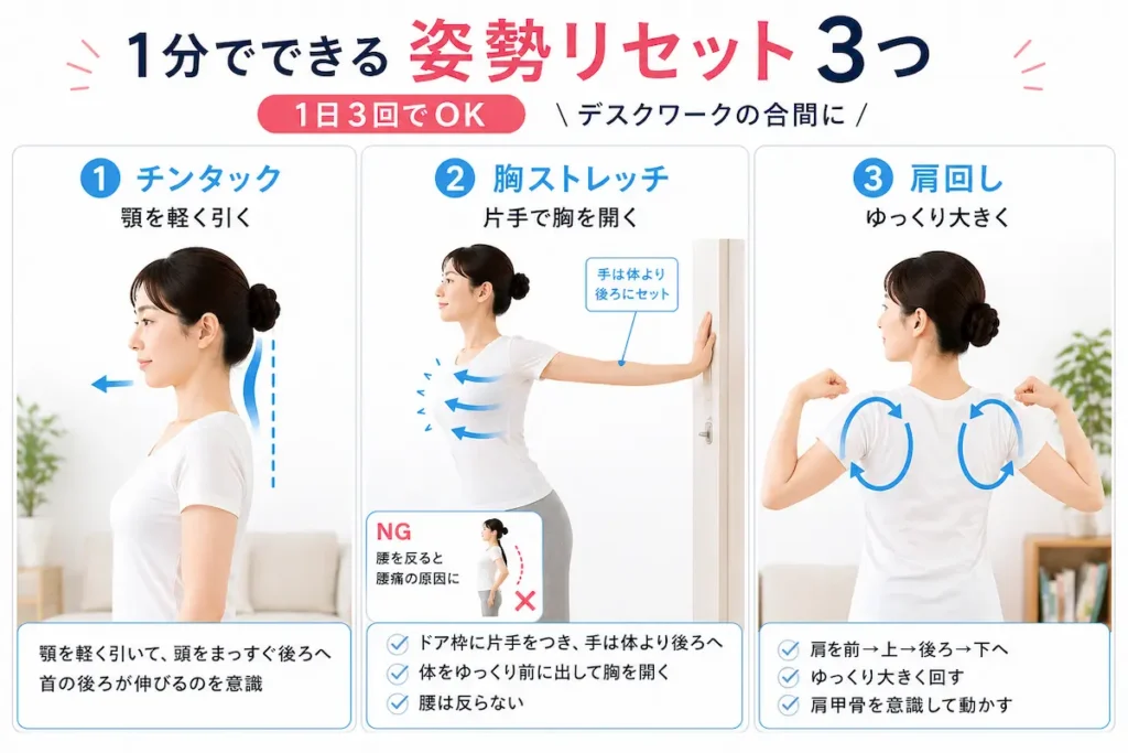 姿勢改善のセルフケア チンタック 胸ストレッチ 肩回し