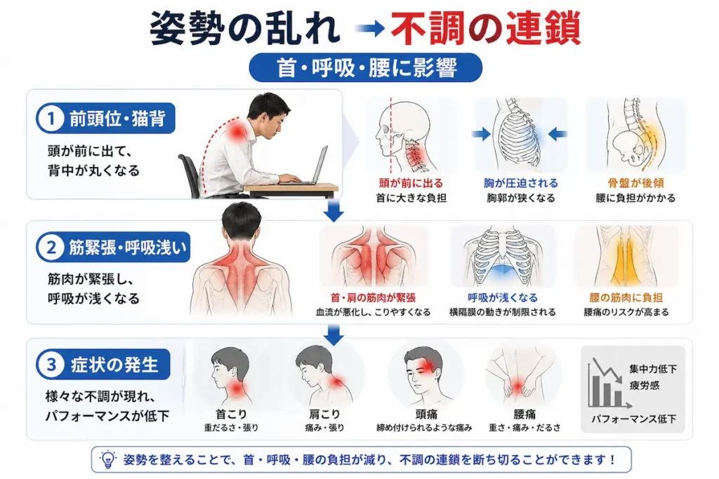 デスクワーク姿勢による不調の連鎖図