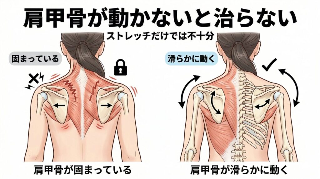 肩甲骨が固まっている状態と滑らかに動く状態の違い|肩こりの原因
