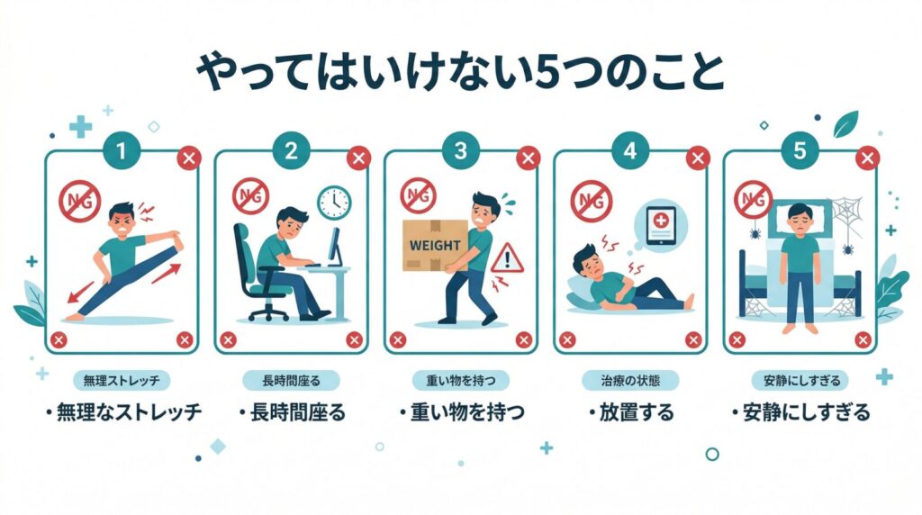 坐骨神経痛でやってはいけない5つのこと 無理なストレッチ 長時間座る 重い物 放置 安静しすぎ