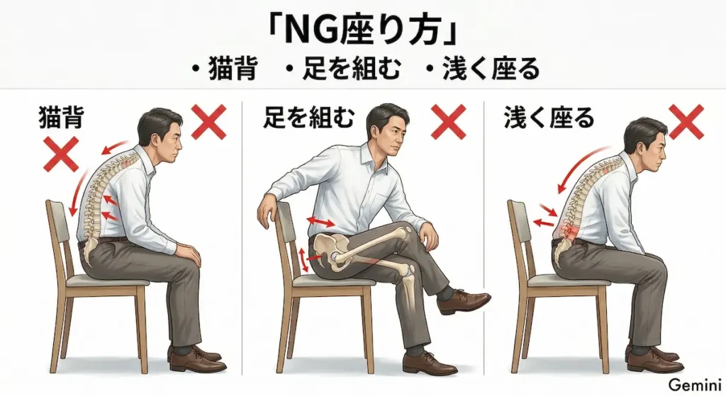 坐骨神経痛を悪化させる猫背や足組みなどの座り方