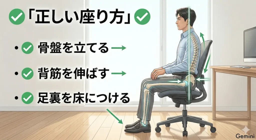 坐骨神経痛を悪化させない正しい座り方（骨盤を立てる姿勢）