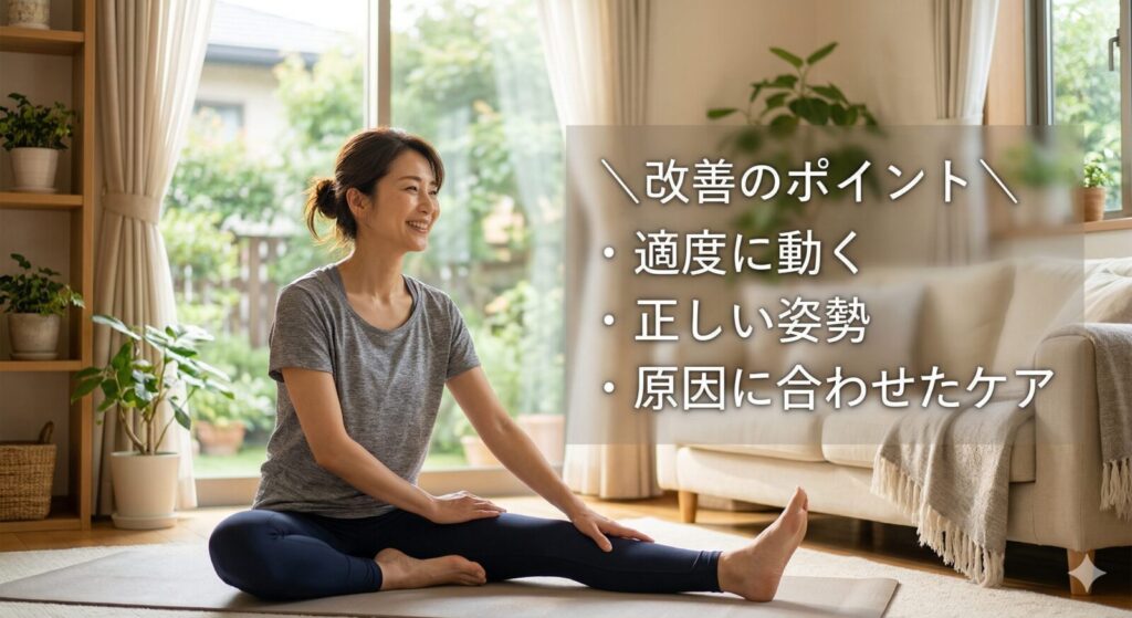 坐骨神経痛の改善ポイント 適度に動く 正しい姿勢 原因に合わせたケア