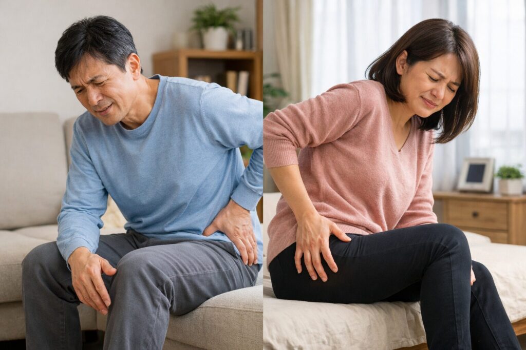 坐骨神経痛で腰から足に痛みを感じる日本人男女の様子｜整体で改善を検討している方のイメージ
