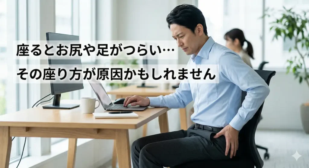 デスクワーク中に坐骨神経痛でお尻や太ももに痛みを感じる様子