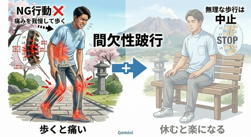 坐骨神経痛で痛みを我慢して歩くことで悪化する様子