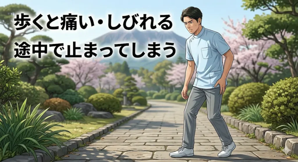 歩くと坐骨神経痛で足の痛みやしびれにより立ち止まる様子