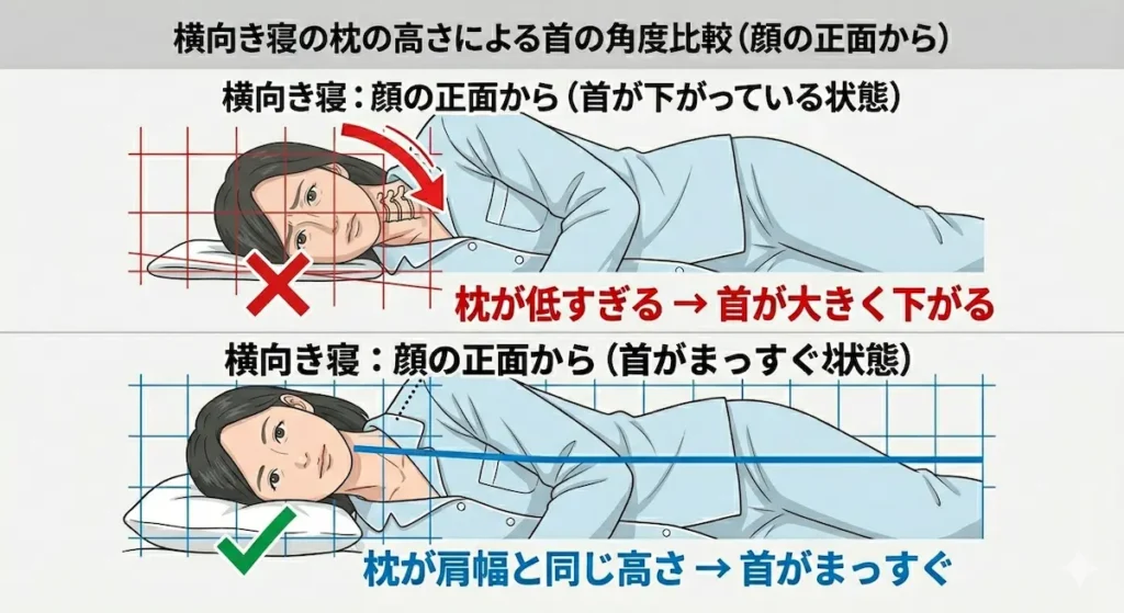 横向き寝で枕が低いと首が傾く図解