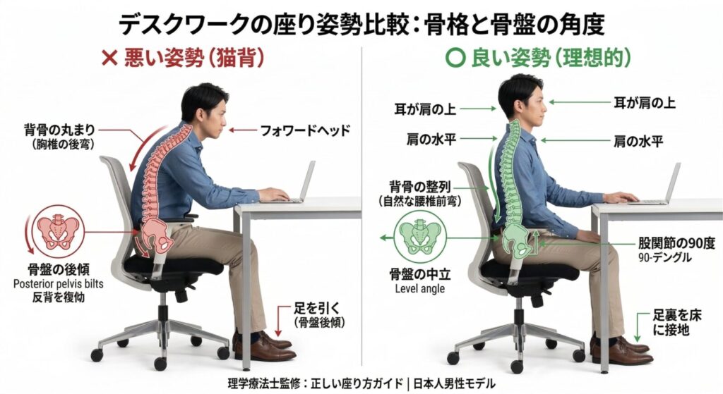 悪い座り姿勢と良い姿勢の違いが坐骨神経痛に与える影響