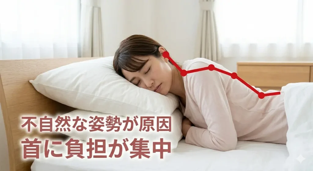 寝違えの原因となる不自然な寝姿勢と首の負担を示した図