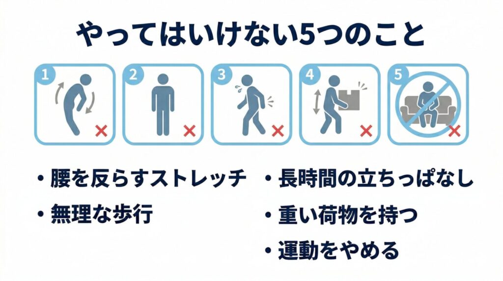 脊柱管狭窄症でやってはいけない5つのこと 腰を反らす 立ちっぱなし 無理な歩行 重い荷物 運動不足