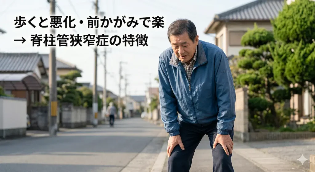 間欠性跛行で前かがみになる60代男性