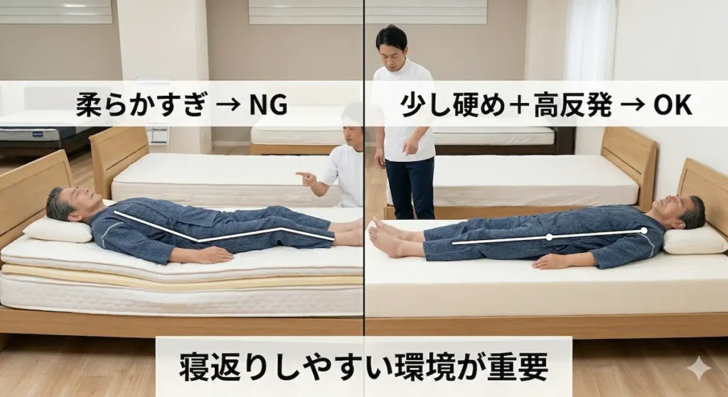 脊柱管狭窄症に適したマットレスと枕の選び方｜柔らかすぎと適度な硬さの比較